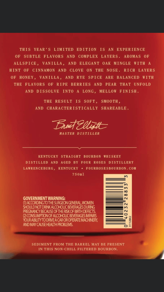 Four Roses Limited Edition 2023 Back Label