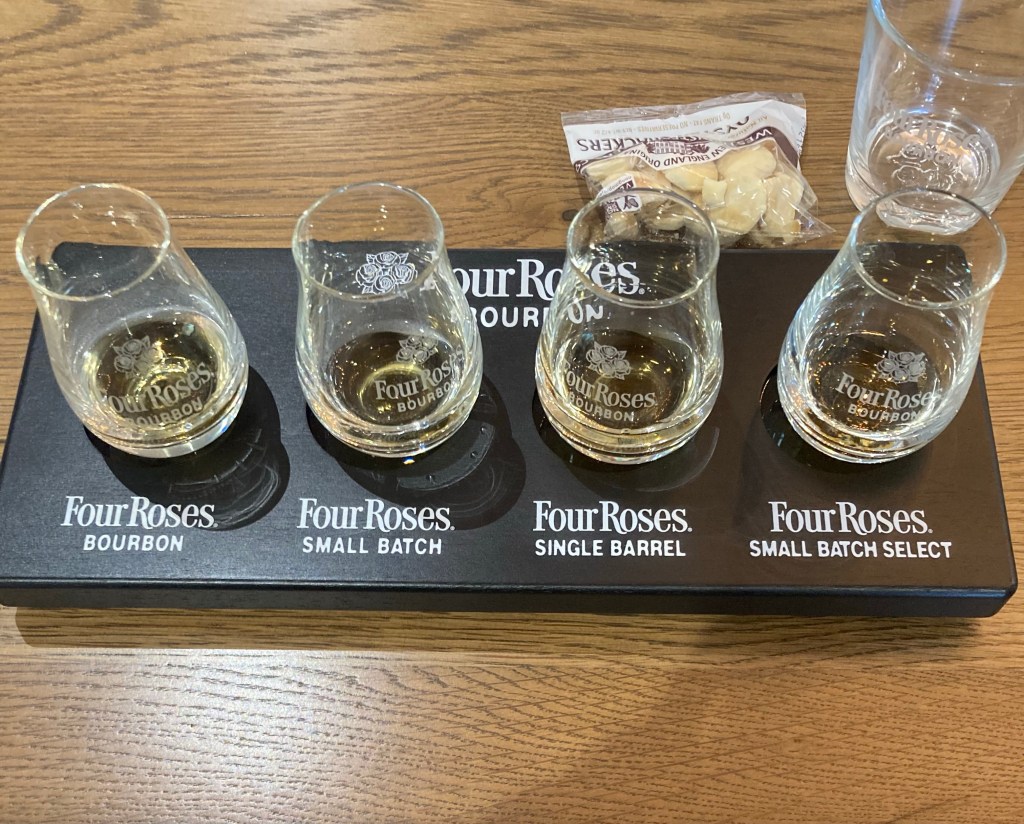 Four Roses Legecy Tour tasting flight of four bourbons. Four Roses bourbon, Four Roses Small Batch, Four Roses Single Barrel 100 Proof, Four Roses Small Batch Select